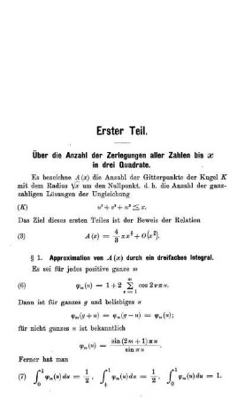 Erster Teil - Über die Anzahl der Zerlegungen aller Zahlen bis x in drei Quadrate.