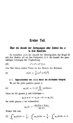 Erster Teil - Über die Anzahl der Zerlegungen aller Zahlen bis x in drei Quadrate.