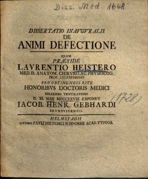 Dissertatio Inavgvralis [Inauguralis] De Animi Defectione