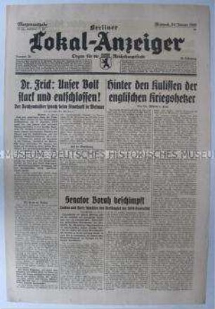 Tageszeitung "Berliner Lokal-Anzeiger" u.a. zur Rede von Reichsinnenminister Dr. Frick beim Staatsakt in Weimar