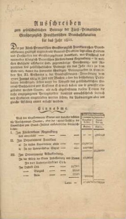 Ausschreiben zum gesellschaftlichen Beitrage der Fürst-Primatischen Großherzoglich Frankfurtschen Brandassekuration für das Jahr 1811 : [Aschaffenburg am 23ten Junius 1812]