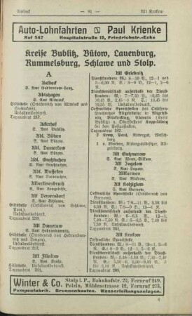 Ortsfernsprechnetze der Kreise Bublitz, Bütow, Lauenburg, Rummelsburg, Schlawe und Stolp