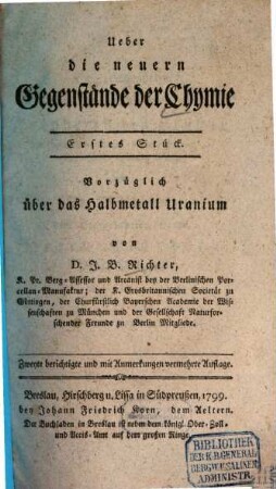 Ueber die neuern Gegenstände der Chymie. 1, Vorzüglich über das Halbmetall Uranium