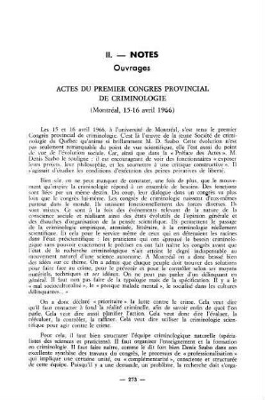 273-274, Actes du premiér Congrès provinicial de criminologie (Montréal, 15-16 avril 1966)