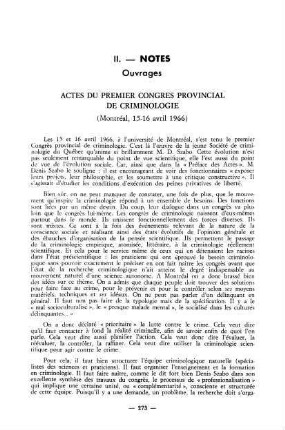 273-274, Actes du premiér Congrès provinicial de criminologie (Montréal, 15-16 avril 1966)