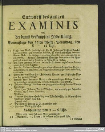 Entwurff des ganzen Examinis und der damit verknüpften Rede-Übung