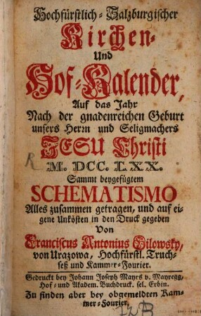 Hochfürstlich-Salzburgischer Kirchen- und Hof-Kalender, 1770