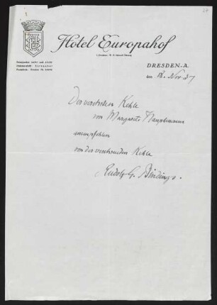 Brief von Rudolf G. Binding an Margarete Hauptmann