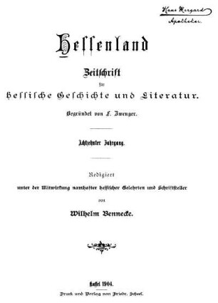 18.1904: Hessenland : Zeitschrift für hessische Geschichte und Literatur