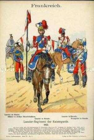 Uniformdarstellung, Gemeine, Offizier und Trompeter des Lancier-Regiments der Kaisergarde, Zweites Kaiserreich Frankreich, 1857.