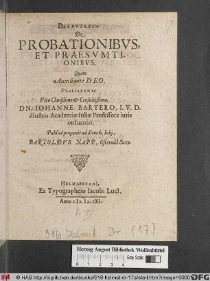 Disputatio De Probationibus, Et Praesumtionibus
