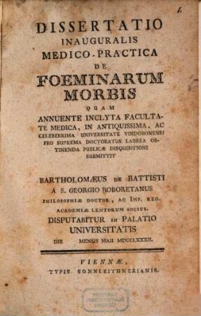 Diss. inaug. ... de foeminarum morbis