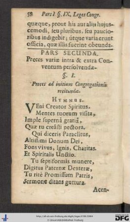 Pars Secunda. Preces variae intra et extra Conventum persolvendae.