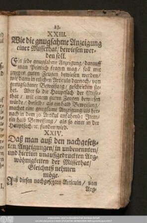 XXIII. Wie die gnugsahme Anzeigung einer Missethat/ bewiesen werden soll.