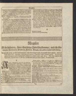 Register Af the historier, som i then helga Bibel förekomma; med the förmämsta Personers, Städers, Floders, Bergs, och andra rums beskrifning.