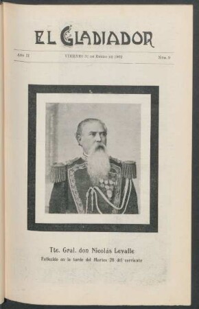 Tte. Gral. don Nicolá Levalle - [Nota necrológica] : Fallecido en la tarde del Martes 28 del corriente