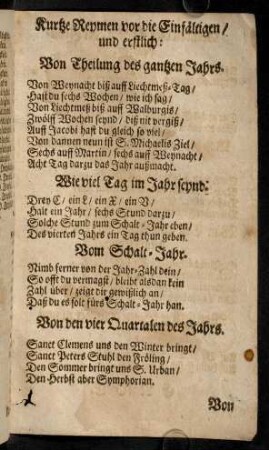 Kurtze Reymen vor die Einfaeltigen und erstlich