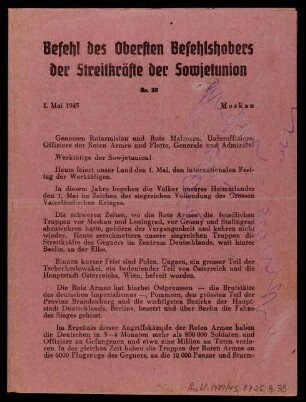 Befehl des Obersten Befehlshabers der Streitkräfte der Sowjetunion Nr. 20 1. Mai 1945 Moskau