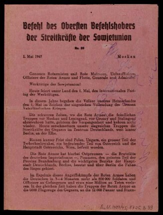 Befehl des Obersten Befehlshabers der Streitkräfte der Sowjetunion Nr. 20 1. Mai 1945 Moskau