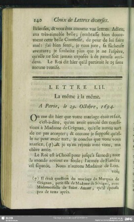 Lettre LII. La même à la même. A Paris, le 29. Octobre, 1694