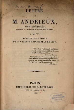 Lettre de Andrieux à M. ... : au sujet d'un article de la gazette universelle de'Lyon