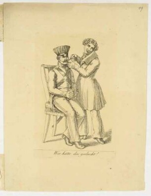 Humoristische, satirische Darstellung, Napoleon-Karikatur: Bartstutzen eines napoleonischen Soldaten "Wer hätte das gedacht"