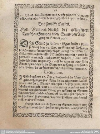 Das Zwölfft Capitel. Von Verwandlung der gemeinen Teutschen Stunden in die Stund von Auffgang der Sonnen gezelt.