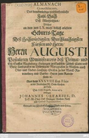 Almanach Genethliacum, Das denckwürdige höchsterfreuliche Zahl-Buch Deß Allerhöchsten