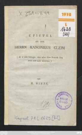 Epistel An Den Herrn Kanonikus Gleim (als er sich beklagte, dass seine alten Freunde ihm nach und nach abstürben) : [Zilly, den 22ten Nov. 1791.]