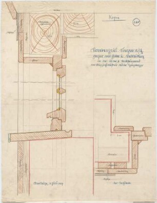 Billing, Hermann; Singen; Krankenhaus - Kupferarbeiten: Fenster mit Gitter und Verkleidung in der Backsteinwand am Aufzugsanbau bei der Haupttreppe (Schnitt)