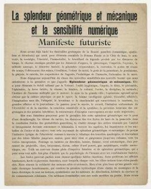 La Splendeur geometrique et mecanique et la Sensibilite numerique. Manifeste futuriste. Mailand