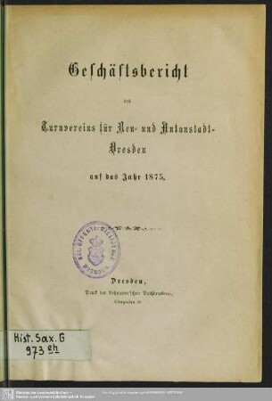 1875: Geschäftsbericht des Turnvereins für Neu- und Antonstadt-Dresden