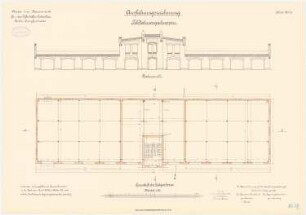 Kaserne für das Luftschiffer-Bataillon, Berlin-Jungfernheide: Feldfahrzeugschuppen: Grundriss Erdgeschoss, Vorderansicht 1:100