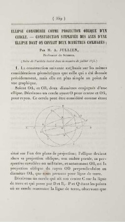 Ellipse considérée comme projektion oblique d'un cercle. - Construction simplifiée des axes d'une ellipse dont on connait deux diamètres conjugués.