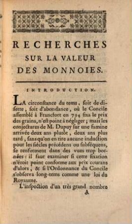 Recherches sur la valeur de monnoies