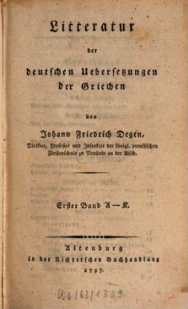 Litteratur der deutschen Uebersetzungen der Griechen. 1, A - K
