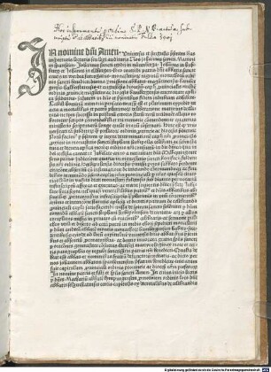 Jn nomine d[omi]ni Amen. Vniuersis et singulis p[rae]sentes l[ite]ras inspecturis lecturis seu legi audituris Nos johannes sancti Martini in spanheim. Johannes sancti egidij in nurenberga. Joha[n]nes in hußburg. et Joha[n]nes in elchingen ... monasterior[um] nigroru[m] monachoru[m] ordinis sancti benedicti diuina p[ro]missione abbates. magu[n]tinensis bambergensis. halberstatensis. et auguste[n]sis diocesiu[m] ...