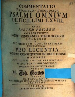 Commentatio exeg. theol. Psalmi omnium difficillimi, LXVIII., Pars prior