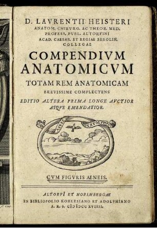 D. Laurentii Heisteri Anatom. Chirurg. Ac Theor. Med. Profess. Publ. Altorfini Acad. Caesar. Et Regiae Berolin. Collegae Compendium Anatomicum : Totam Rem Anatomicam Brevissime Complectens ; Cum Figuris Aeneis