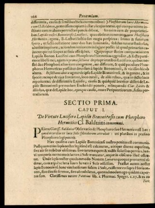 Caput I. De Virtute Lucifera Lapidis Bononiensis cum Phosphoro Hermetico Cl. Balduini communi.
