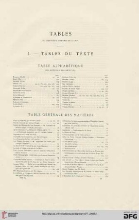 Tables du neuvième volume de L'Art
