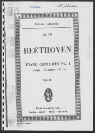 Concerto, No. 1 : C major : for pianoforte and orchestra : op. 15