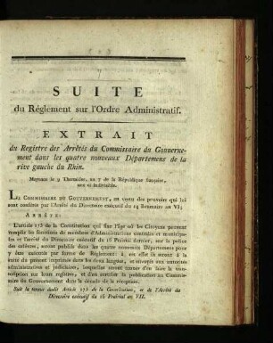 Suite du règlement sur l'ordre administratif / Mayence, 9. Therm. an VII [27. Juli 1799]