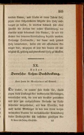 XX. Ueber Dornsche Lehm-Dachdeckung