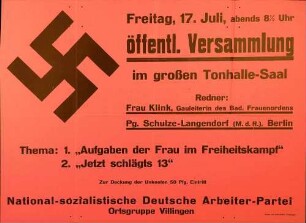 Versammlung der NSDAP-Ortsgruppe Villingen: Aufgaben der Frau im Freiheitskampf