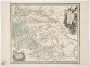 Karte des Fürstentums Halberstadt, 1:180 000, Kupferstich, um 1748 : Tabula Geographica Principatus Halberstadiensis, Abbatiae Quedlingburg, Comitatus Wernigerod / ad statum novissimum revocata per Chr. Adolph Dingelsted. - [Ca. 1:180 000]. - Amstelodami : Petrus Schenkius , [um 1748]. - 1 Kt. : Kupferst. ; 58 x 50 cm. Inselkt. - Maßstab in graph. Form (Teutsche Meile). - Titelkartusche oben rechts, Maßstabkartusche unten links. - Mit Bergzeichnungen. - Mit Suchnetz. - Mit Wappen