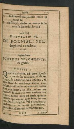 Disputatio VI. De Formali Syllogismi constitutione. Respondente Johanne Wachsmuth