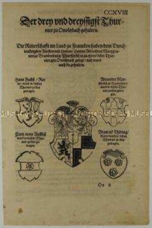 Dreiunddreißigstes Turnier zu Ansbach im Jahr 1485 - Stadt- und Familienwappen (S. CCXVIII aus dem Turnierbuch/1. Teil)