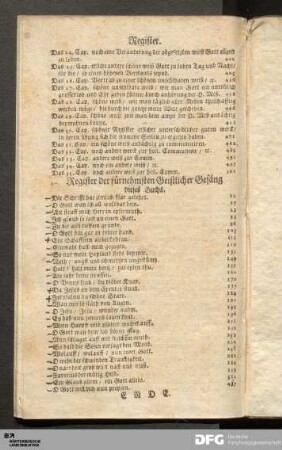 Register der fürnehmsten Geistlicher Gesäng dieses Buchs.