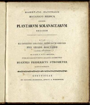 Dissertatio Inauguralis Botanico-Medica Sistens Plantarum Solanacearum Ordinem